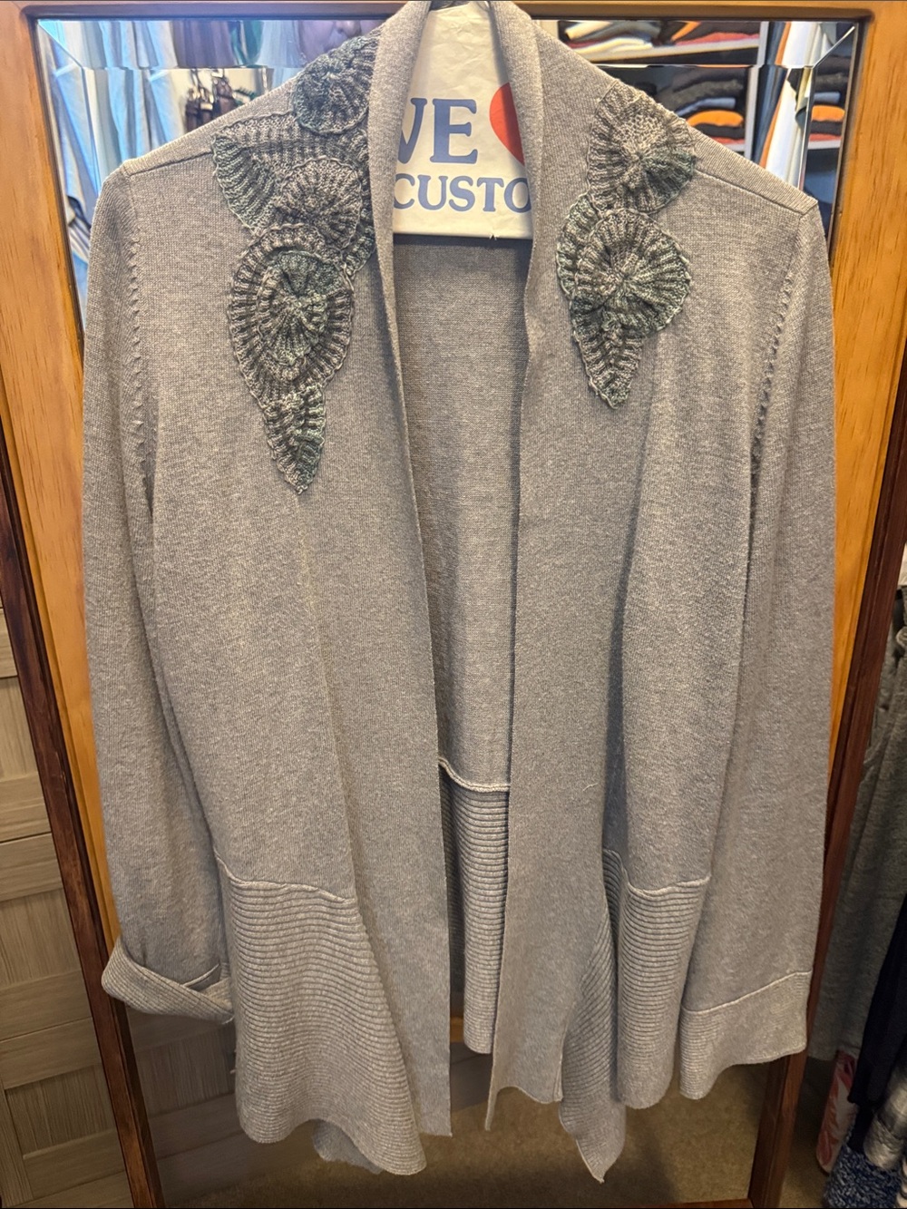 NIC+ZOE Gray Cardigan with Crocheted Spiral Appliqués